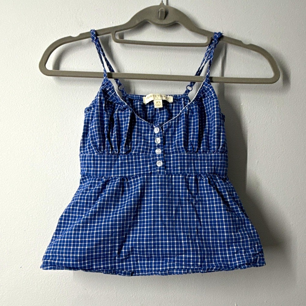 Thirty Thirty Blue White Gingham Button Front Square Neck Cami Tank XS Woven